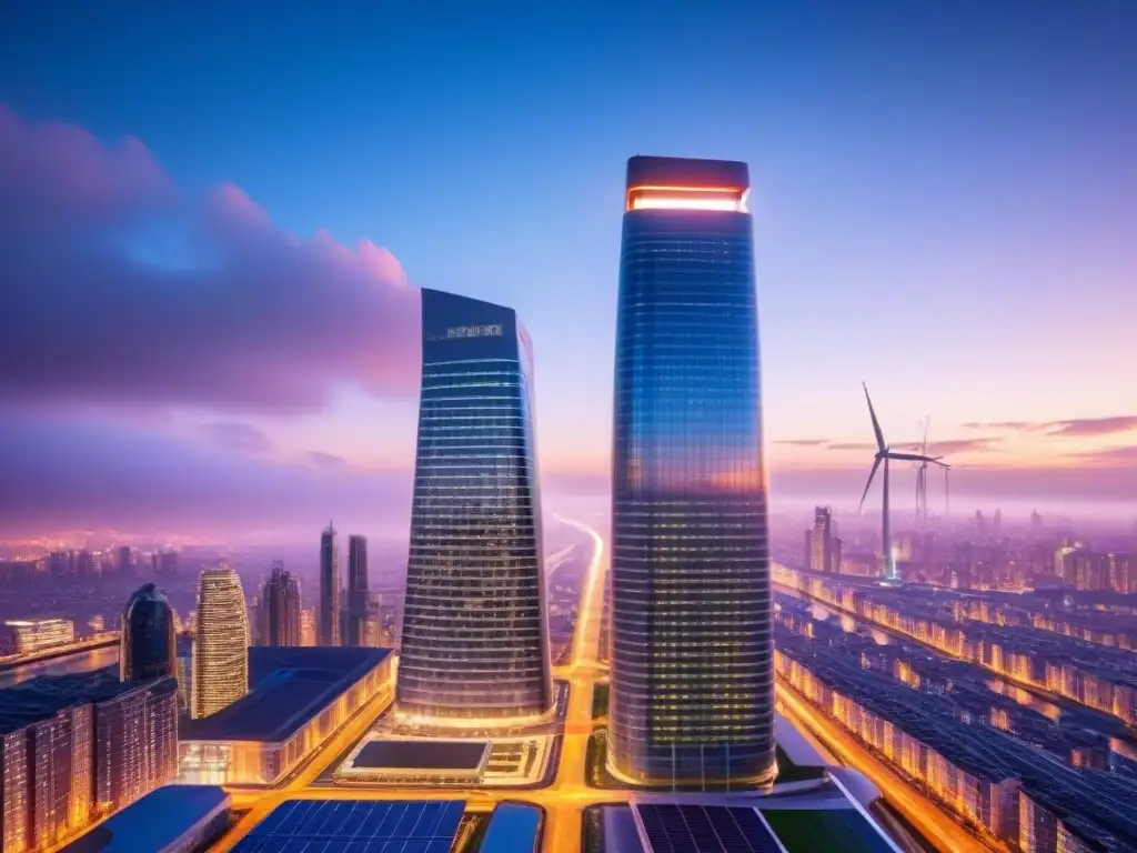 Rascacielos ecoeficiente en ciudad tecnológica futurista Un rascacielos futurista y energéticamente eficiente destaca en un paisaje urbano tecnológico y vibrante durante la noche