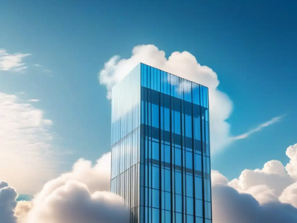 Rascacielos futurista en nube: evolución del sector inmobiliario Un rascacielos futurista envuelto en una nube, simbolizando la integración de la nube en el negocio inmobiliario, escalando hacia el éxito