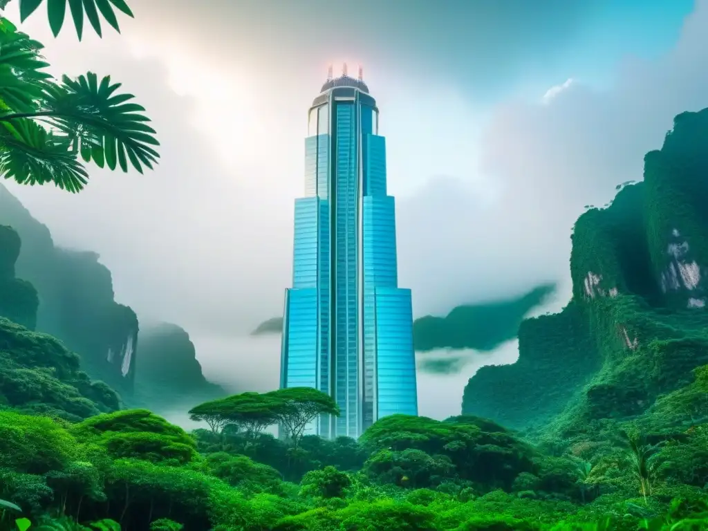 Rascacielos futurista fusionado con selva: integración perfecta Un rascacielos futurista se fusiona con la exuberante jungla, simbolizando la integración armoniosa de la tecnología y la naturaleza en el ámbito del marketing digital