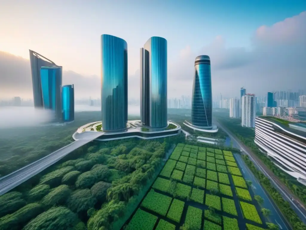Edificio futurista entre naturaleza exuberante en Asia Un rascacielos futurista se destaca entre la exuberante vegetación de una metrópolis del Sudeste Asiático