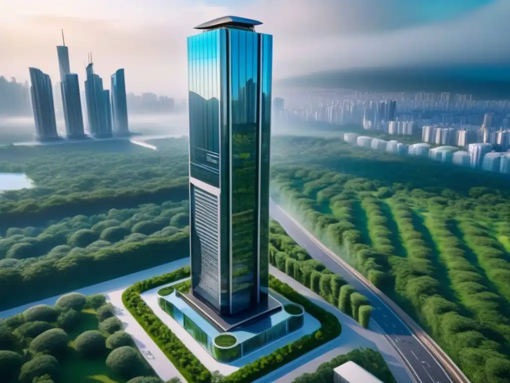 Rascacielos futurista: innovación y naturaleza en PropTech Un rascacielos futurista con fachada de cristal reflectante y vegetación, captura la esencia de PropTech en mercado inmobiliario internacional