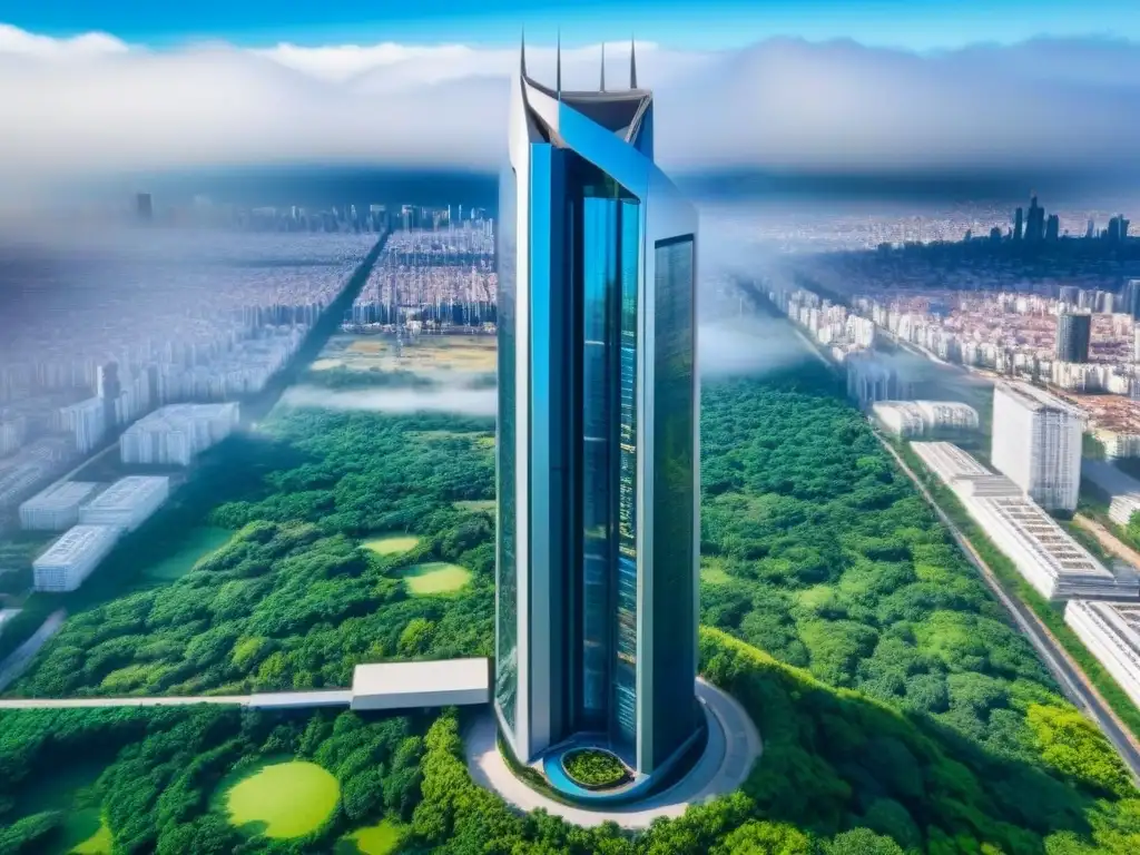 Rascacielos futurista: innovación en el mercado inmobiliario Un rascacielos futurista con fachada de cristal reflejante se alza en un cielo azul, rodeado de vegetación y una ciudad bulliciosa abajo