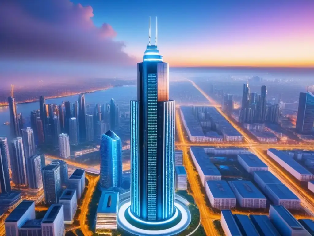 Rascacielos futurista en metrópolis tecnológica 8k Un rascacielos futurista frente a una ciudad tecnológica vibrante