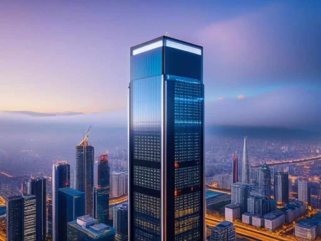 Rascacielos futurista: innovación PropTech en propiedades internacionales Un rascacielos futurista con funciones de automatización en gestión inmobiliaria internacional
