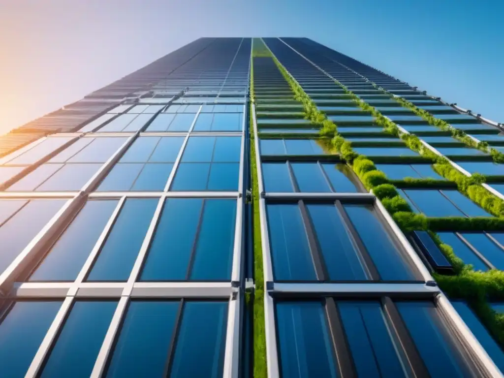 Edificio futurista: vanguardia en energía sostenible Un rascacielos futurista hecho con materiales de vanguardia y eficiencia energética