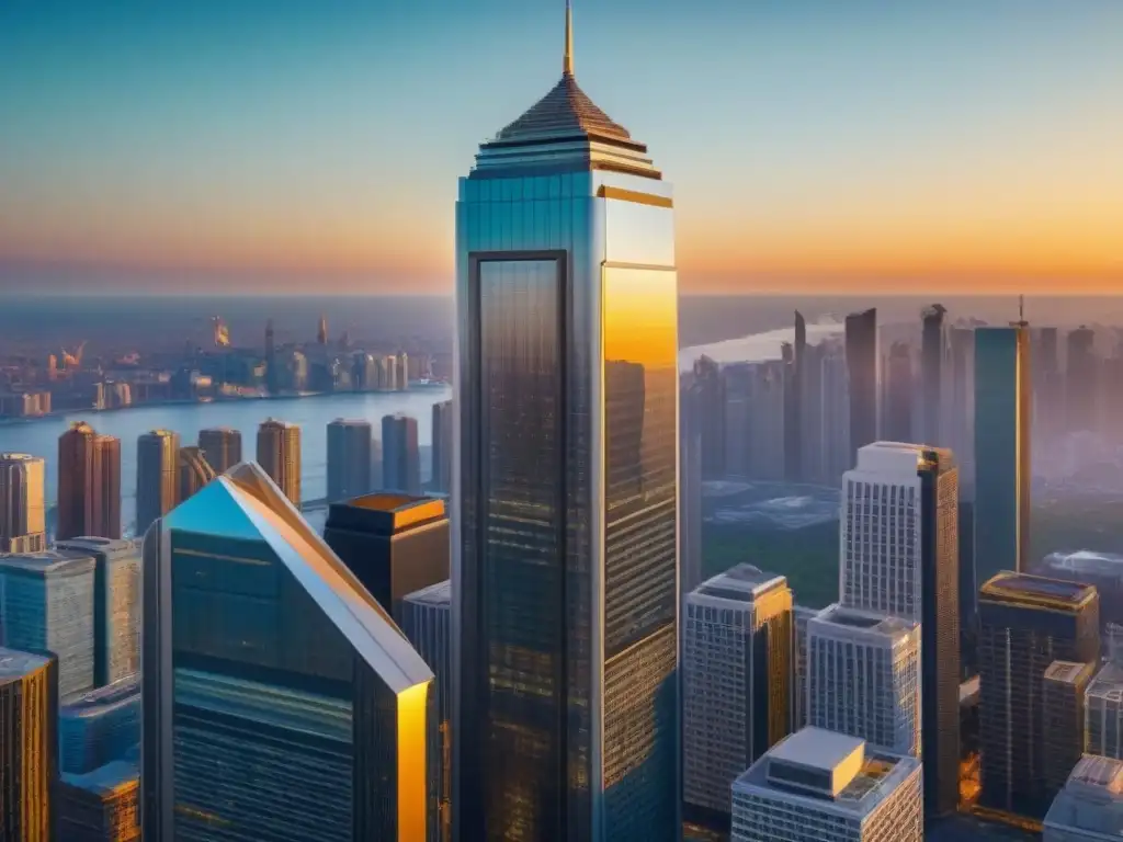 Rascacielos futurista en el atardecer: inversión global en bienes raíces Un rascacielos futurista en hora dorada simboliza Inversionistas globales REITs mercado inmobiliario