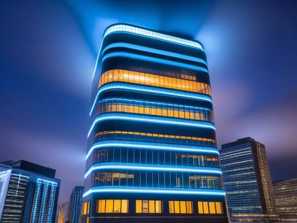 Edificio futurista iluminado por LED en la noche Un rascacielos futurista iluminado por luces LED eficientes en una ciudad nocturna, destacando la eficiencia energética en edificios internacionales