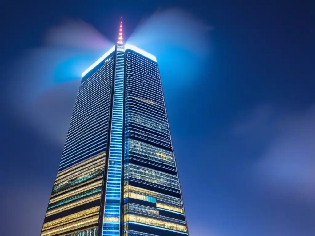 Rascacielos futurista: seguridad y IA en bienes raíces Un rascacielos futurista iluminado con patrones de luz digital, simbolizando la integración de ciberseguridad en el mercado inmobiliario internacional