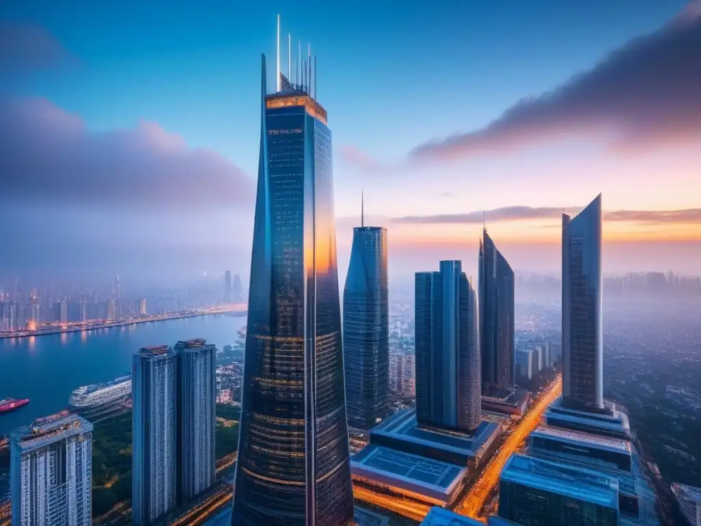 Rascacielos futurista: lujo y innovación en arquitectura Un rascacielos futurista con diseño innovador refleja la ciudad