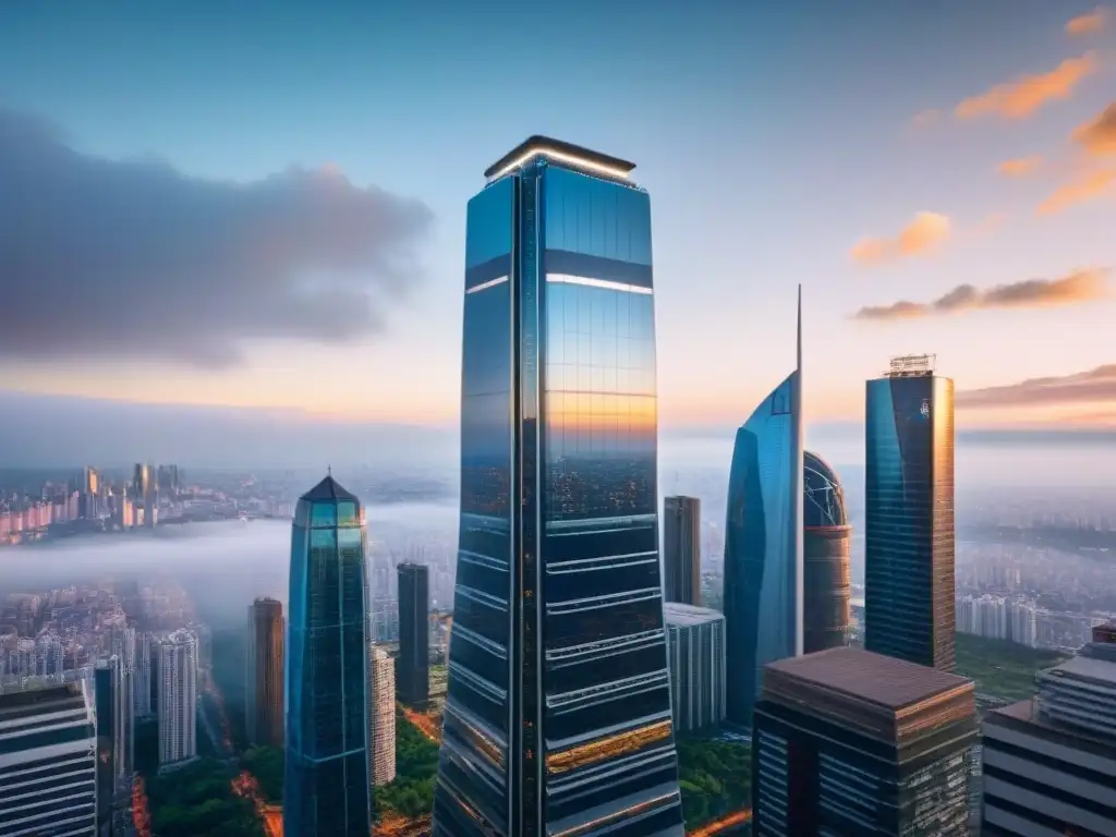 Rascacielos futurista en ciudad global: innovación y sostenibilidad Un rascacielos futurista innovador en una ciudad global