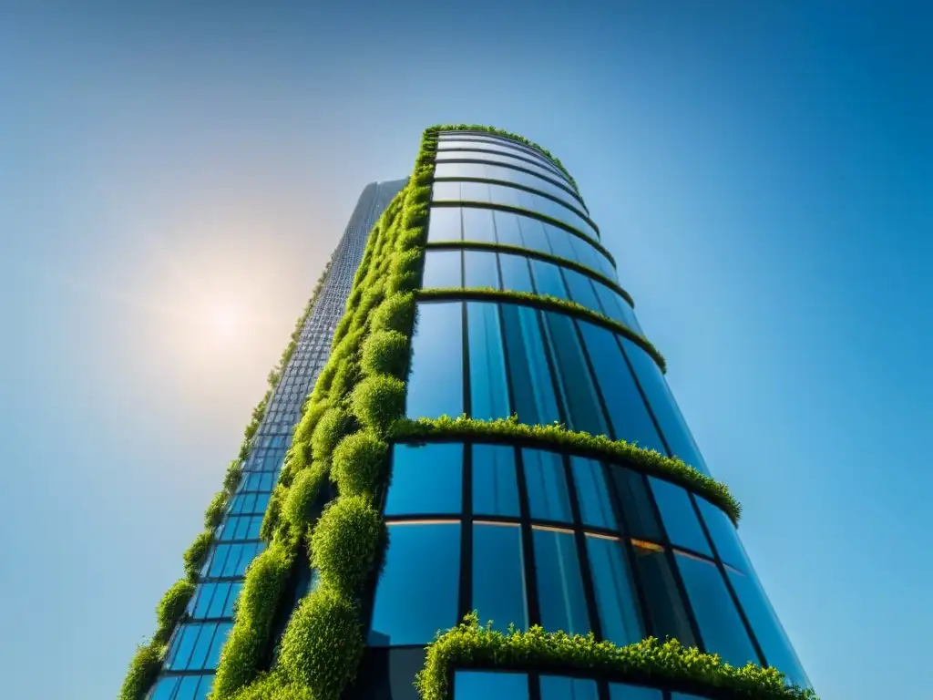 Rascacielos futurista de lujo: diseño innovador en 8k Un rascacielos futurista de lujo con diseño innovador y elementos verdes, destacando en el paisaje urbano