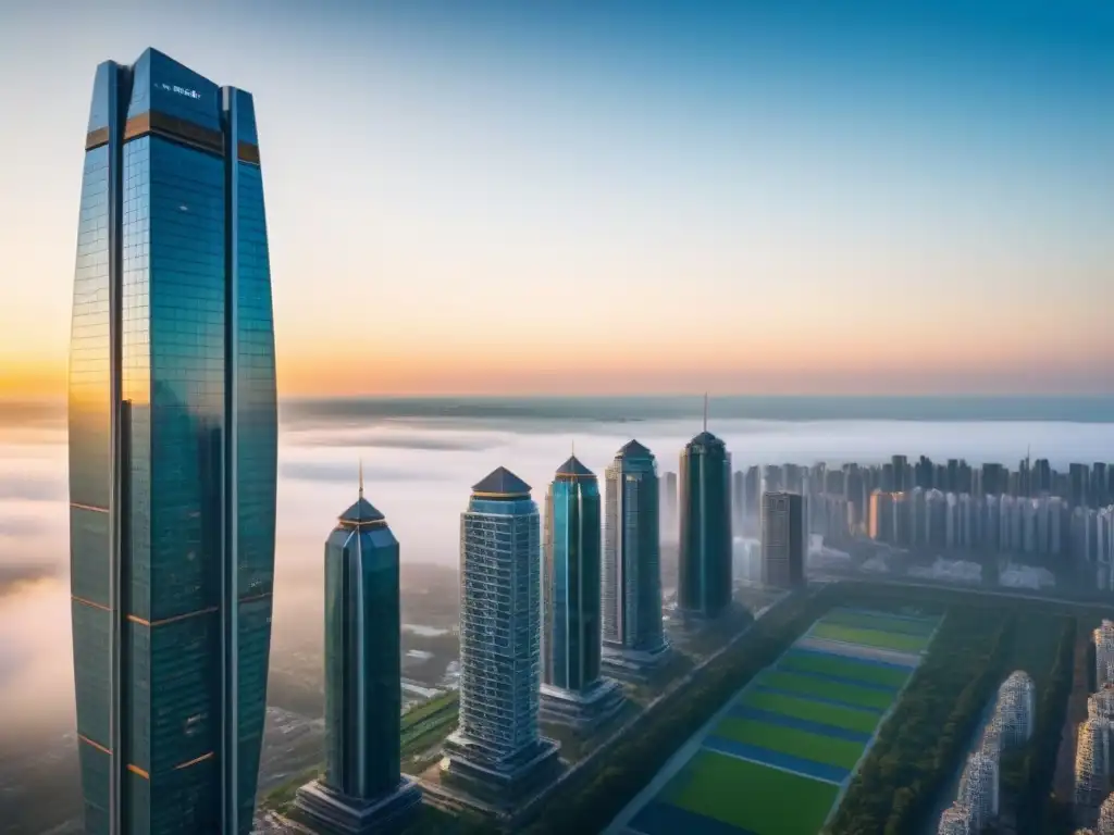 Rascacielos futurista: diseño innovador y naturaleza en armonía Un rascacielos futurista de lujo destaca en un entorno urbano, mostrando innovaciones arquitectónicas en mercado inmobiliario