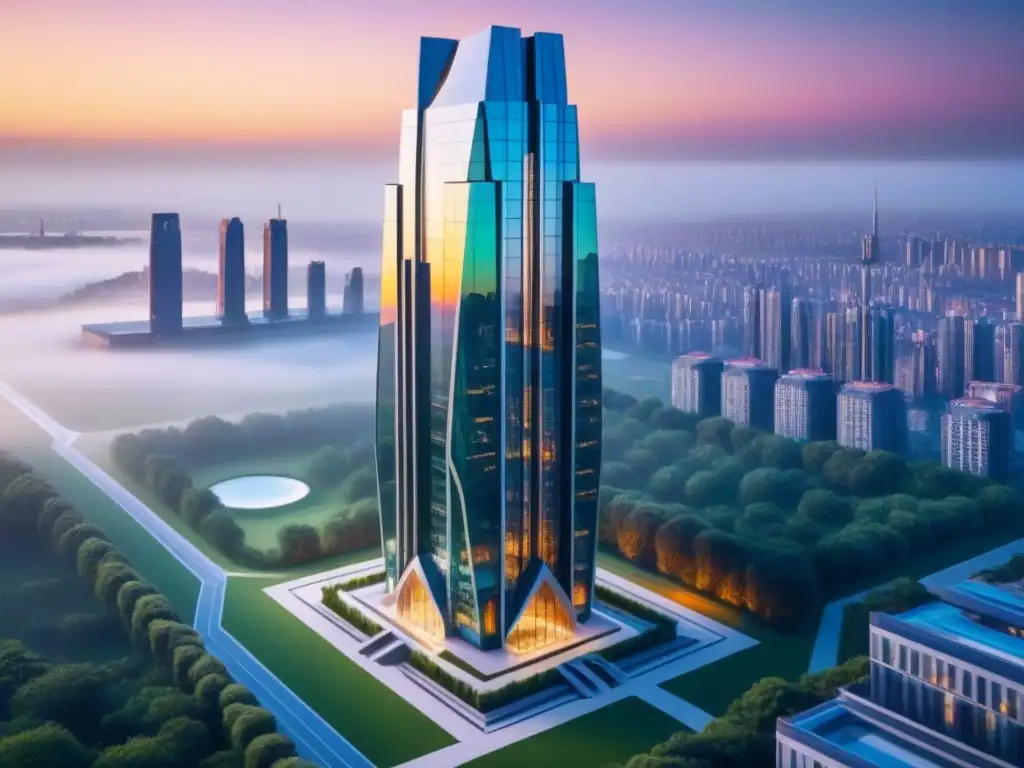 Rascacielos de lujo futurista en armonía con la naturaleza Un rascacielos futurista de lujo en armonía con la naturaleza al atardecer