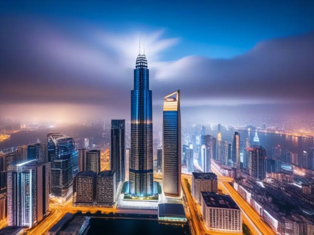 Edificio de lujo en ciudad internacional: luces nocturnas reflejadas en vidrios Un rascacielos futurista y lujoso en una ciudad internacional, reflejando luces nocturnas