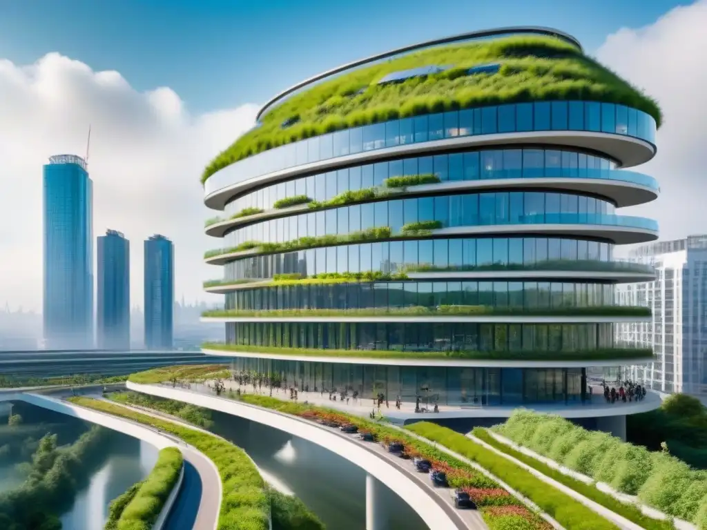 Rascacielos futurista sostenible en paisaje urbano verde Un rascacielos futurista de materiales sostenibles con energía cero, reflejando la ciudad vibrante