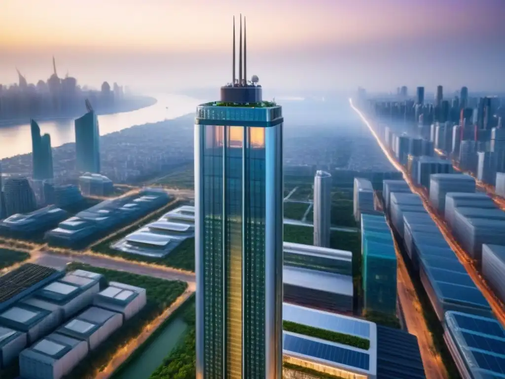 Rascacielos sostenible y futurista en ciudad vibrante Rascacielos futurista de materiales sostenibles frente a una ciudad, atrayendo a inversionistas globales en construcción sostenible