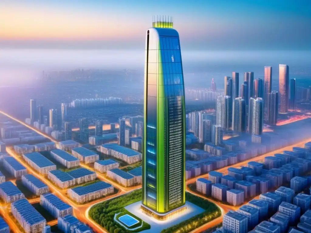 Rascacielos sostenible: diseño futurista en 8k Rascacielos futurista de materiales sostenibles en mercado inmobiliario ecoamigable