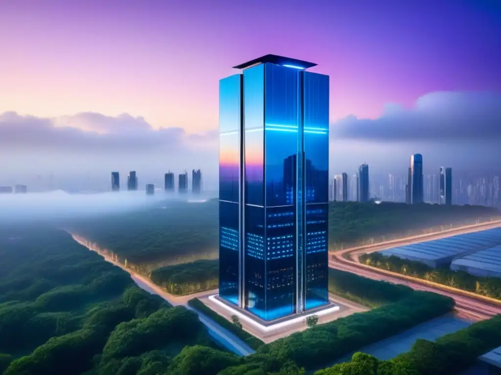Edificio futurista con alta seguridad y lujo en entorno exuberante Un rascacielos futurista con medidas de seguridad avanzadas, rodeado de naturaleza