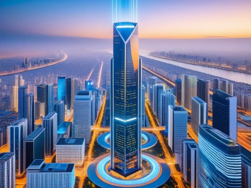 Rascacielos futurista: marketing inmobiliario de vanguardia Un rascacielos futurista destaca en medio de la ciudad, con estrategias de marketing influencer en mercado inmobiliario
