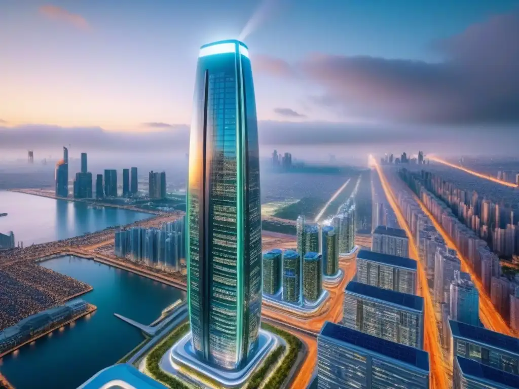 Espectacular rascacielos futurista en la ciudad tecnológica Un rascacielos futurista destaca entre una metrópolis tecnológica y vibrante
