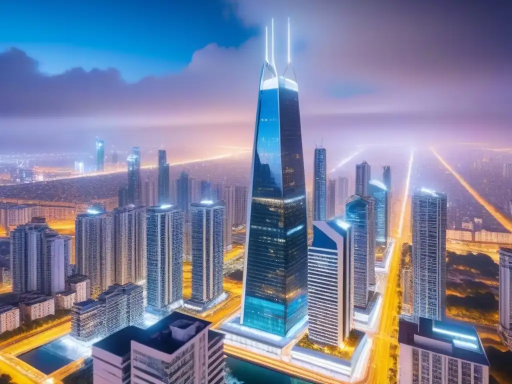 Edificio futurista en metrópolis nocturna Un rascacielos futurista en una metrópolis vibrante, reflejando oportunidades para inversiones inmobiliarias jóvenes internacionales