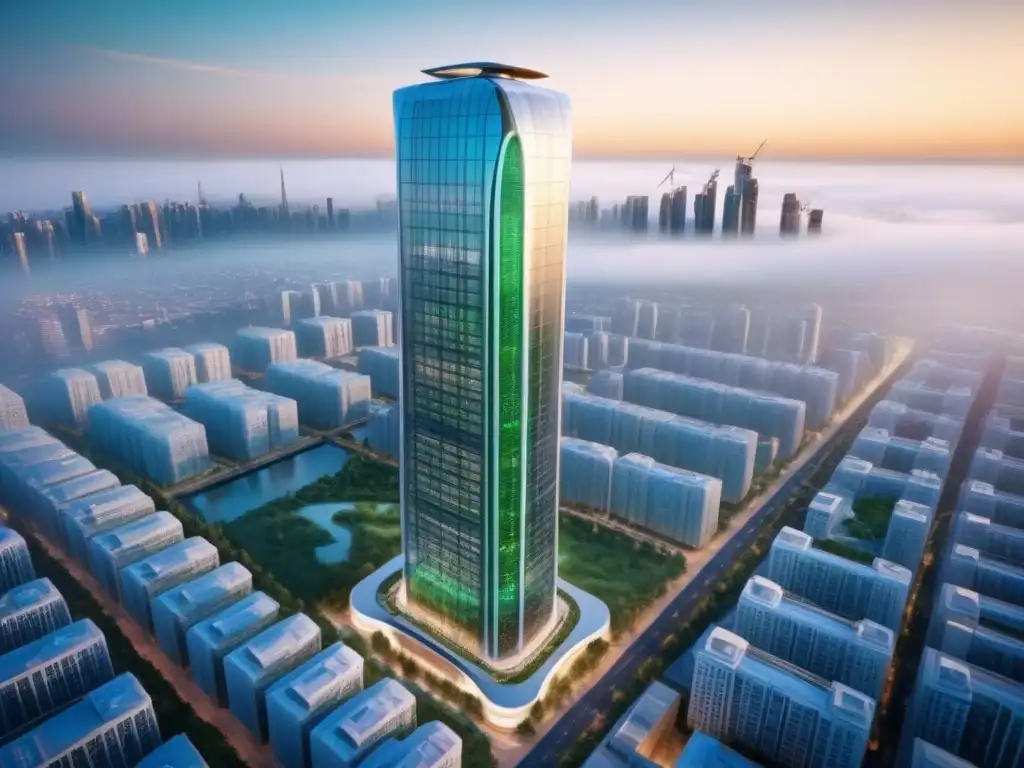 Rascacielos futurista con nanotecnología integrada y diseño innovador Un rascacielos futurista con nanotecnología en construcción internacional, destacando diseño innovador y sostenible