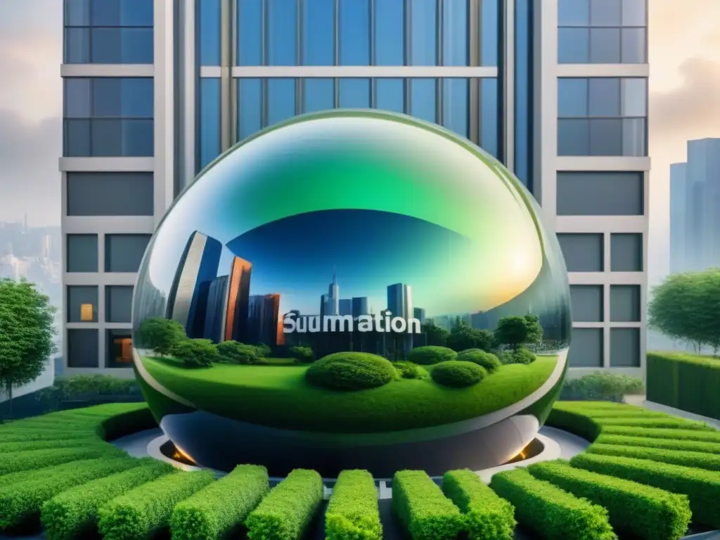 Edificio futurista integrado con naturaleza: revolución inmobiliaria Un rascacielos futurista se fusiona con la naturaleza, reflejando un globo y la automatización para gestión inmobiliaria internacional