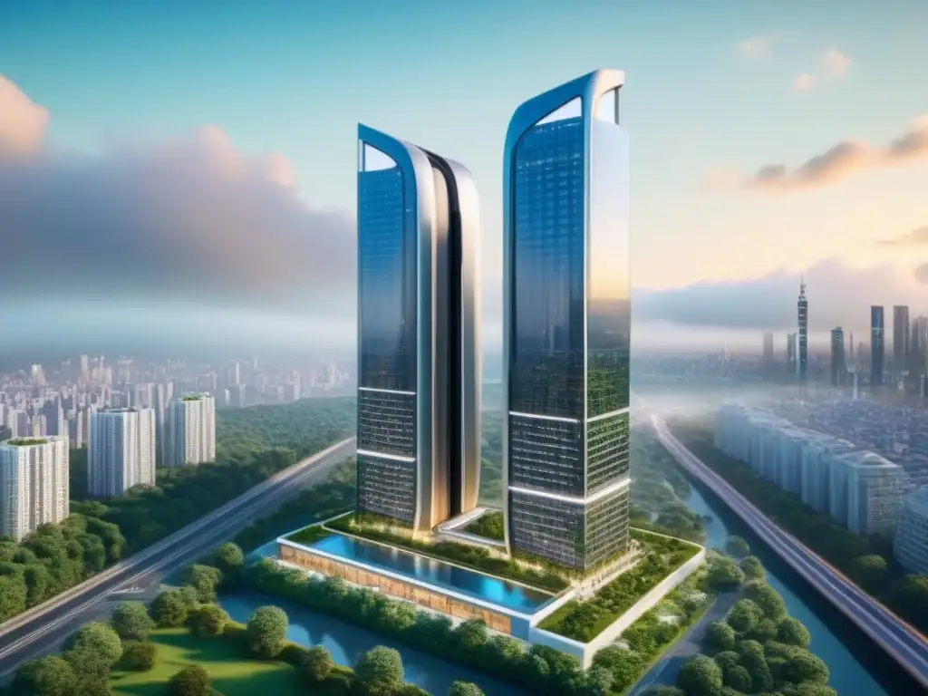 Rascacielos futurista fusionado con naturaleza en AR Un rascacielos futurista se fusiona con la naturaleza, destacando la Realidad aumentada en inmobiliario internacional