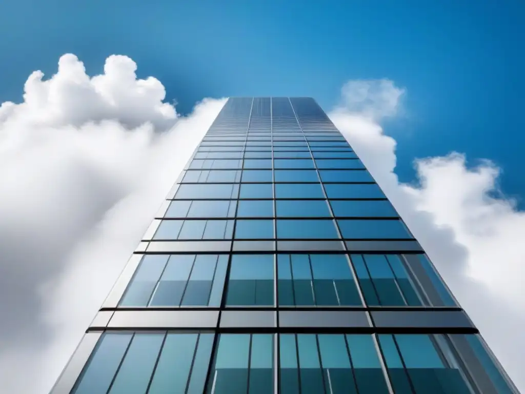 Rascacielos futurista: innovación en la nube Un rascacielos futurista refleja nubes blancas en un cielo azul, con plataformas en la nube inmobiliario