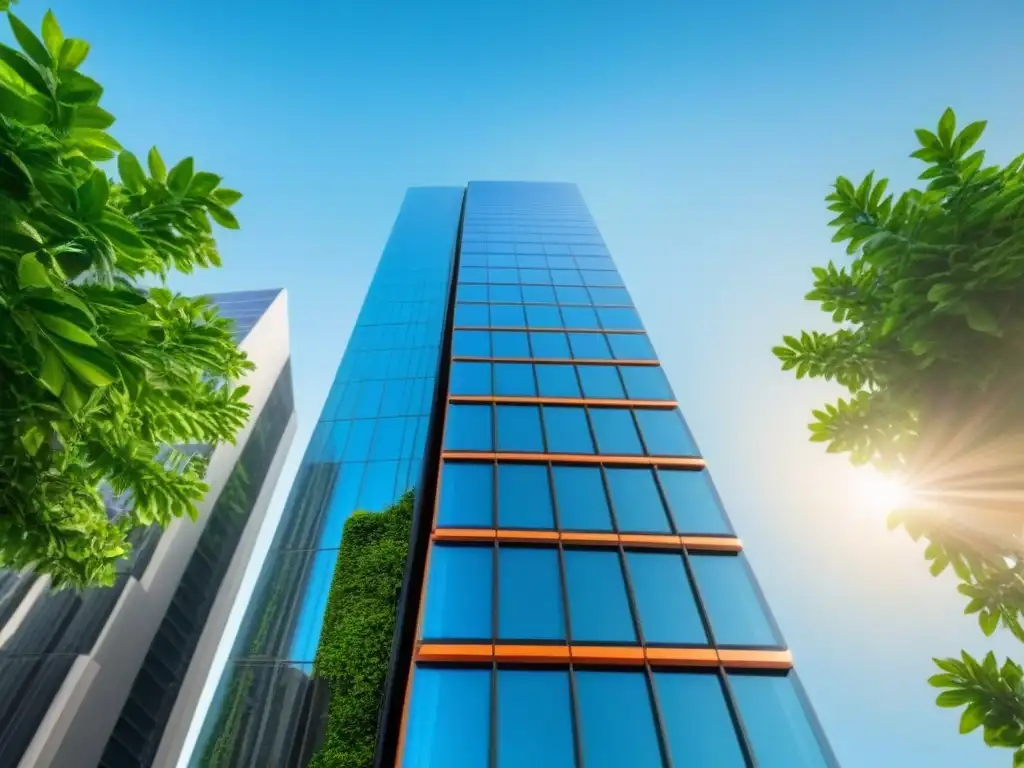 Rascacielos futurista con energía solar y diseño innovador Un rascacielos futurista con paneles solares integrados, rodeado de vegetación, reflejando el cielo azul