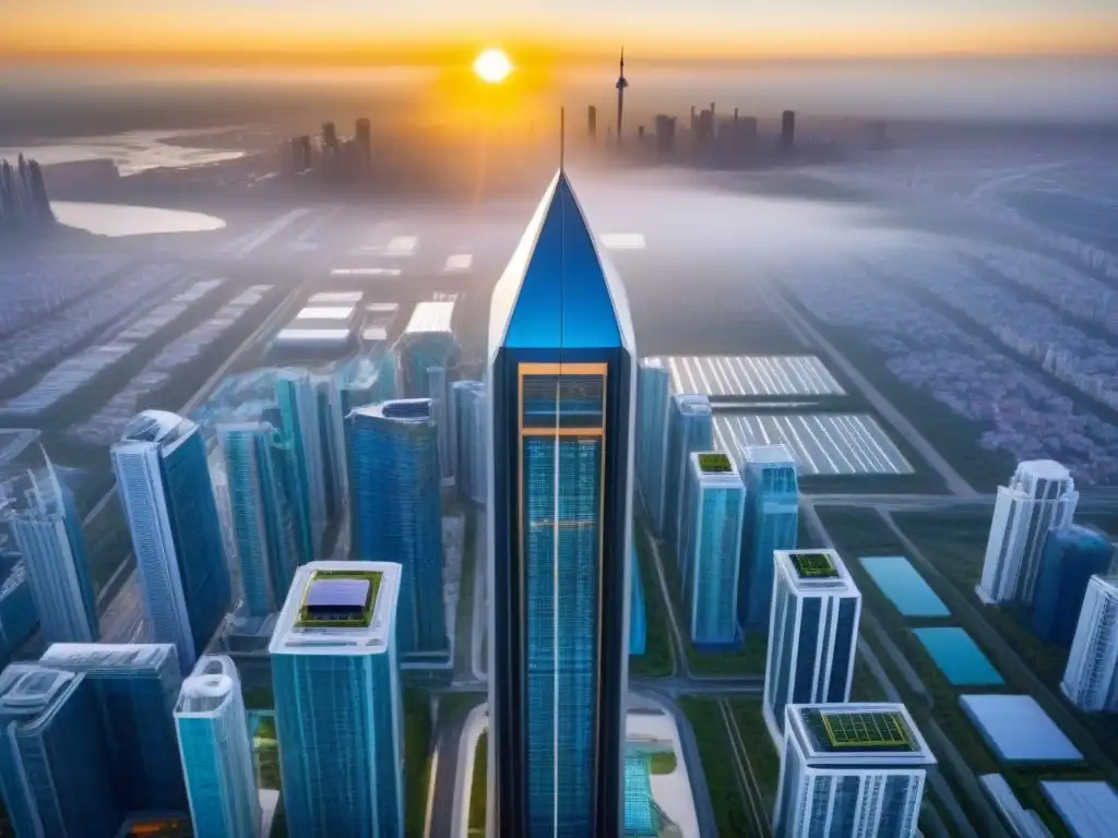 Esplendor solar: rascacielos futurista con paneles solares Un rascacielos futurista con paneles solares brillantes, reflejando el sol y la eficiencia energética en inversión inmobiliaria