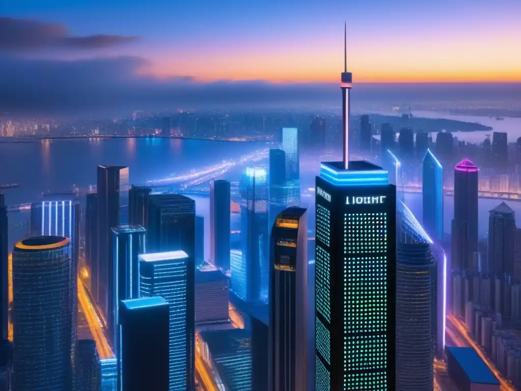 Rascacielos futurista con criptomonedas en la noche Un rascacielos futurista con pantallas digitales mostrando datos de criptomonedas en una ciudad vibrante de noche