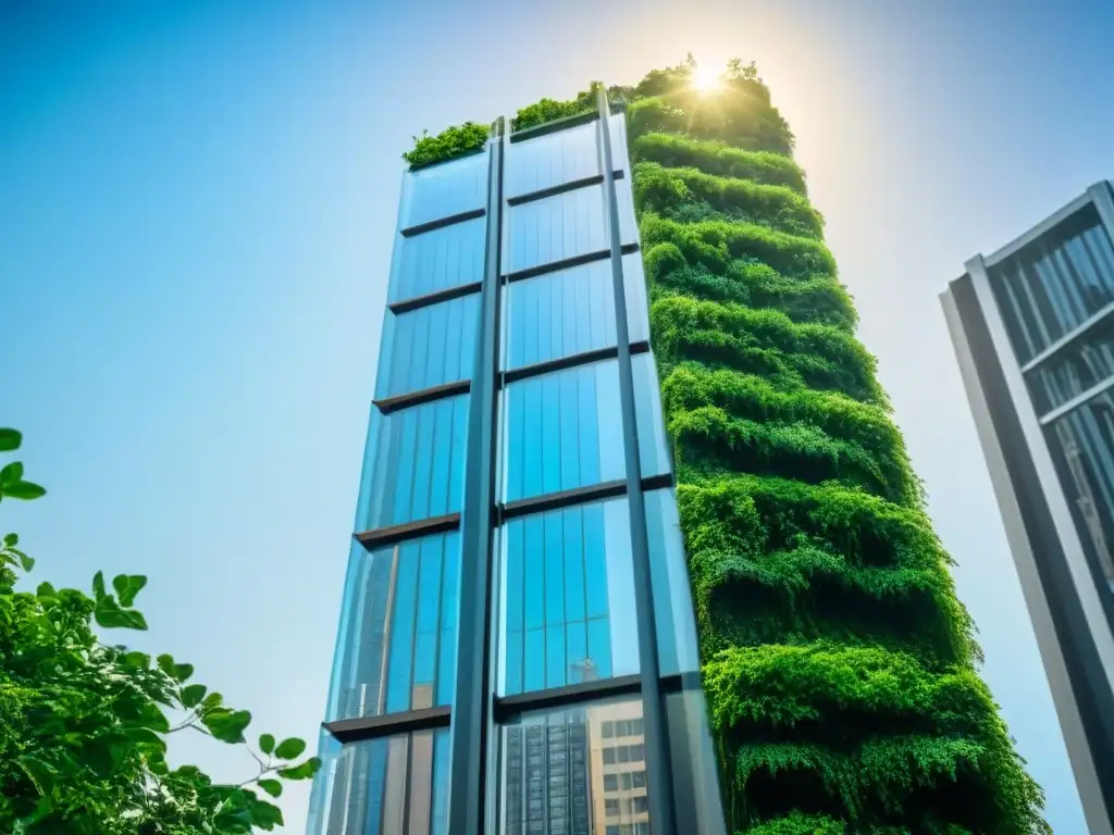 Edificio futurista ecoamigable en la ciudad: innovación en PropTech Un rascacielos futurista rodeado de vegetación, con iluminación ambiental y profesionales entrando