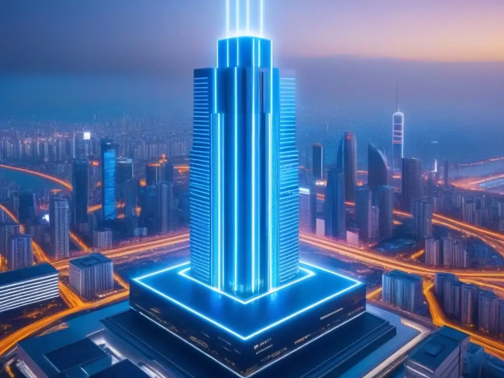 Ciudad futurista: rascacielos protegido por campo digital azul Un rascacielos futurista rodeado por un campo de fuerza digital azul brillante, simbolizando la ciberseguridad en mercado inmobiliario internacional