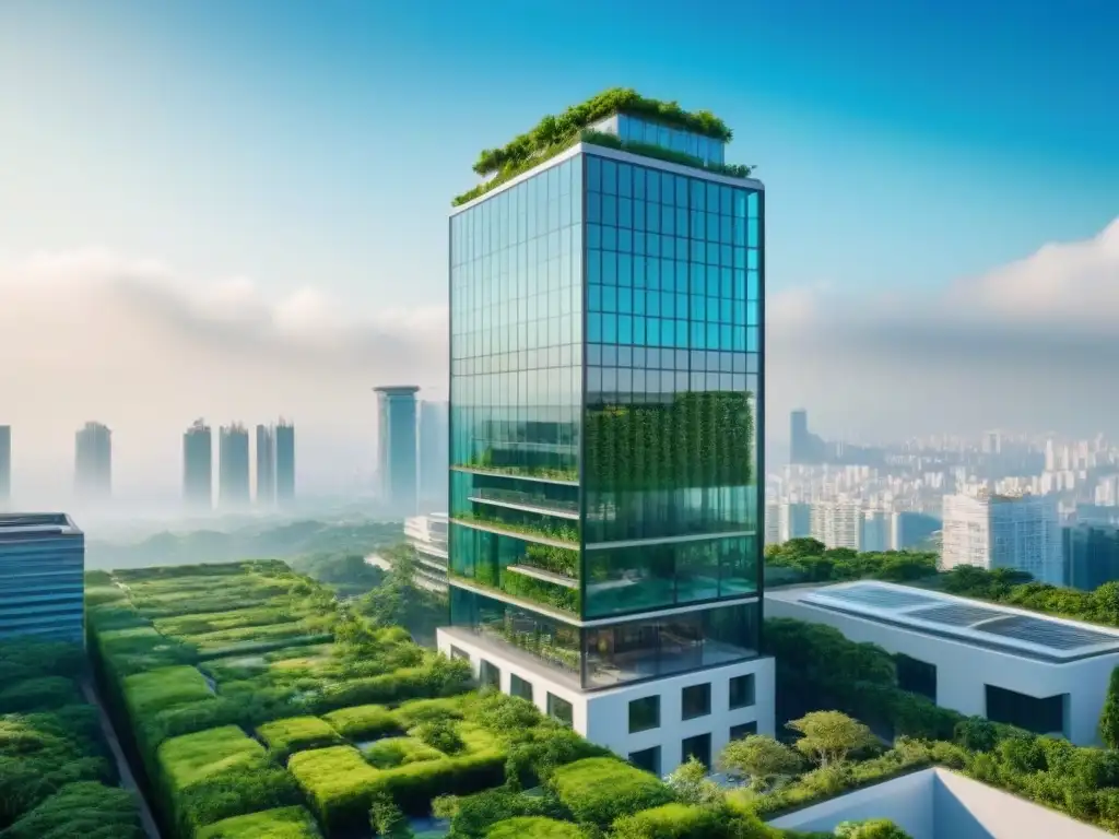 Rascacielos futurista en armonía con la naturaleza Un rascacielos futurista rodeado de vegetación, reflejando el cielo azul