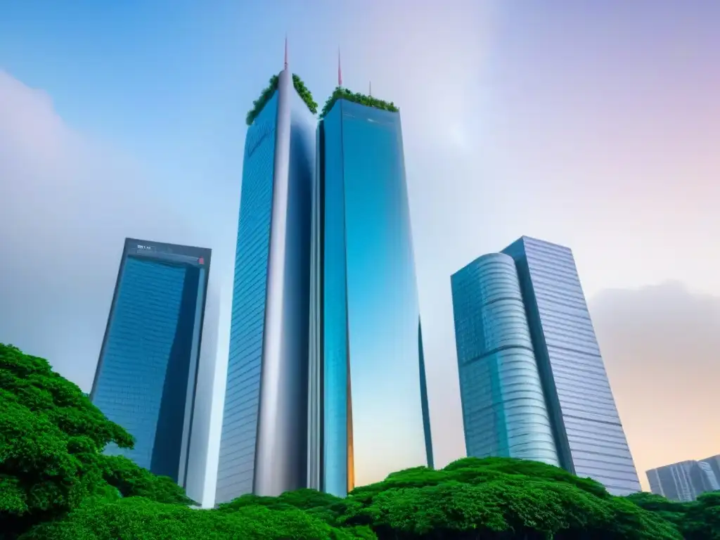 Rascacielos vanguardista en entorno verde y urbano Un rascacielos futurista rodeado de vegetación, en armonía con la ciudad