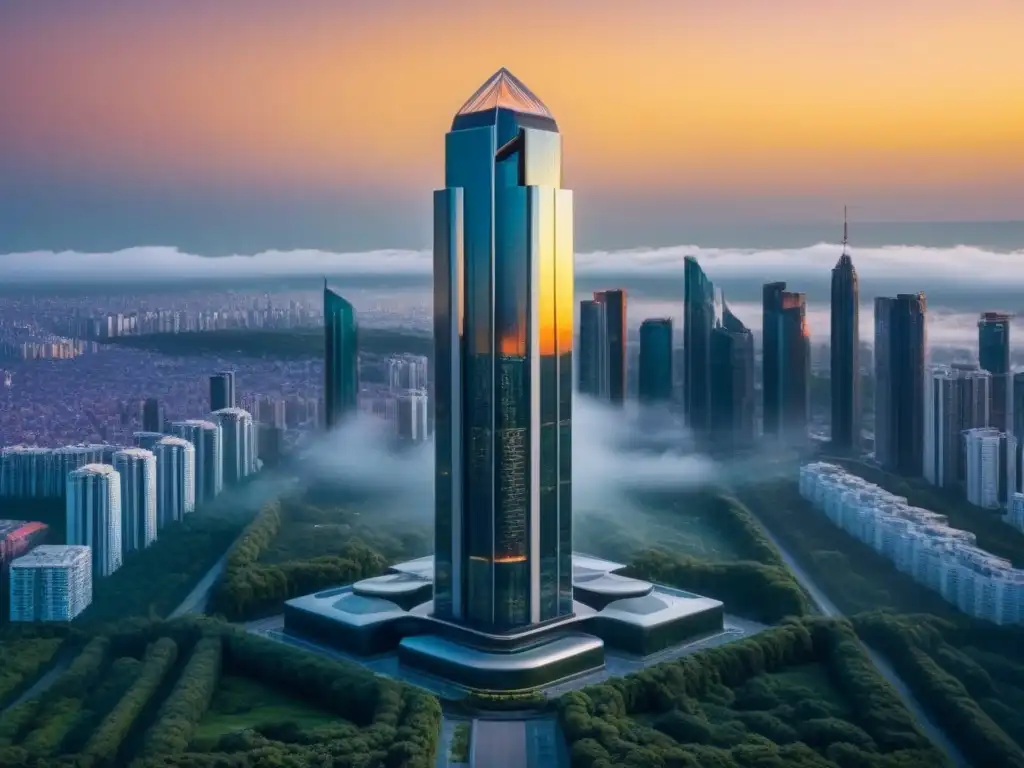 Rascacielos futurista y exuberante ciudad al atardecer Un rascacielos futurista rodeado de vegetación, con la ciudad al fondo al atardecer
