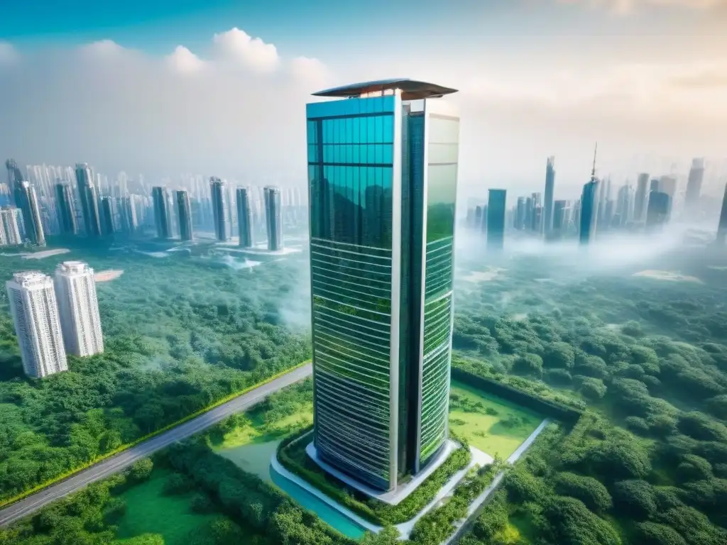 Rascacielos futurista entre naturaleza exuberante Un rascacielos futurista rodeado de vegetación, fusionando naturaleza y arquitectura moderna en el mercado inmobiliario internacional