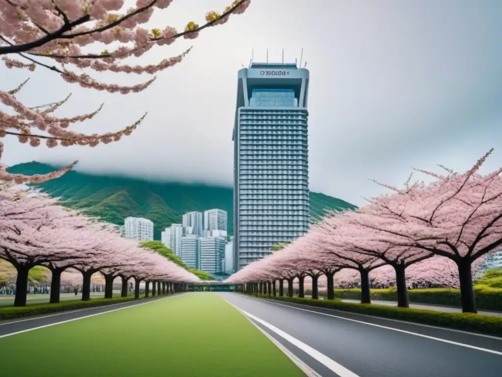 Edificio futurista en Japón: armonía entre naturaleza y modernidad Un rascacielos futurista en Japón, rodeado de naturaleza y árboles de cerezo, reflejando la ciudad al atardecer