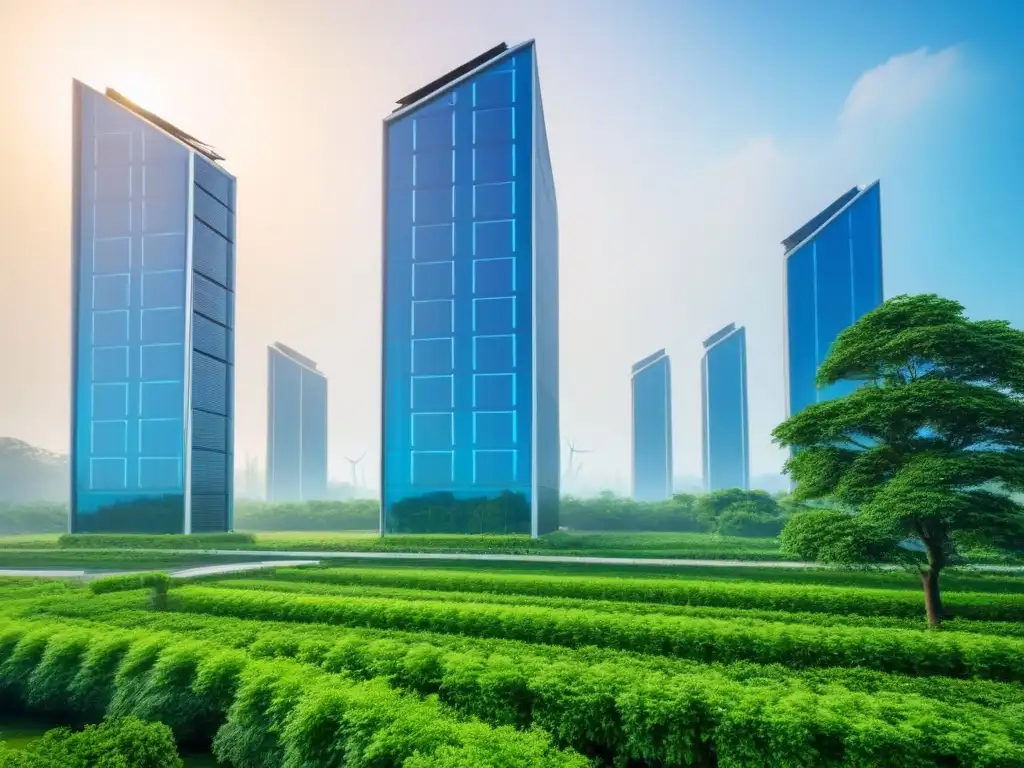 Un rascacielos futurista rodeado de vegetación, con paneles solares y turbinas eólicas integradas