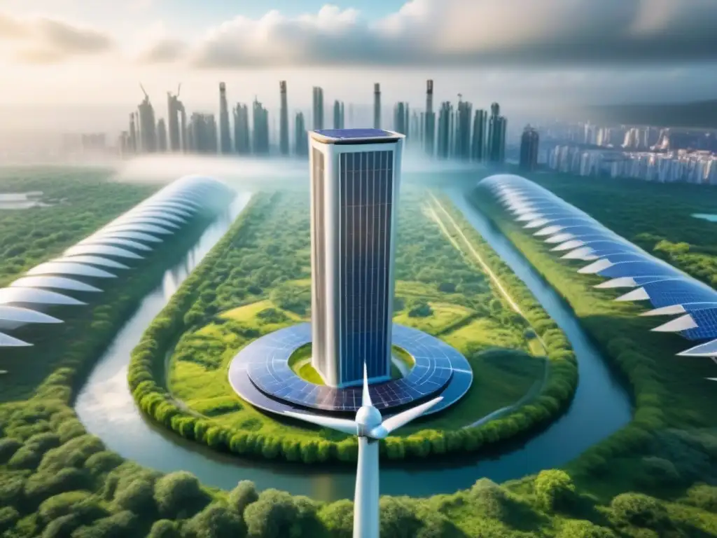 Rascacielos ecofriendly: arquitectura moderna y sostenible Un rascacielos futurista rodeado de vegetación, paneles solares y turbinas eólicas, muestra la armonía de la sostenibilidad y la arquitectura moderna
