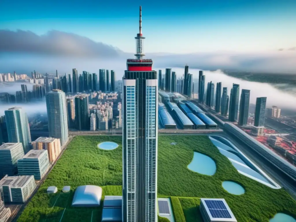 Rascacielos sostenible: diseño futurista y ecológico en 8k Un rascacielos futurista y sostenible con certificaciones LEED y BREEAM inmobiliario, destacando paneles solares y techos verdes