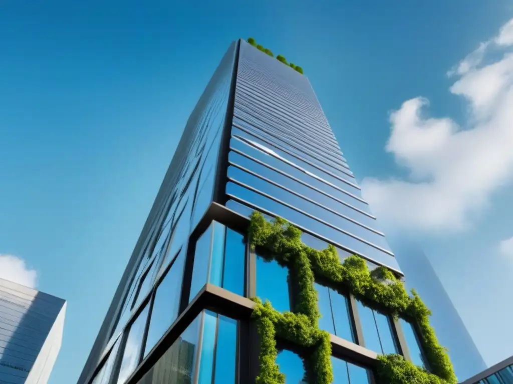 Rascacielos sostenible: innovación ecoamigable en 8k Un rascacielos futurista y sostenible brilla bajo un cielo azul