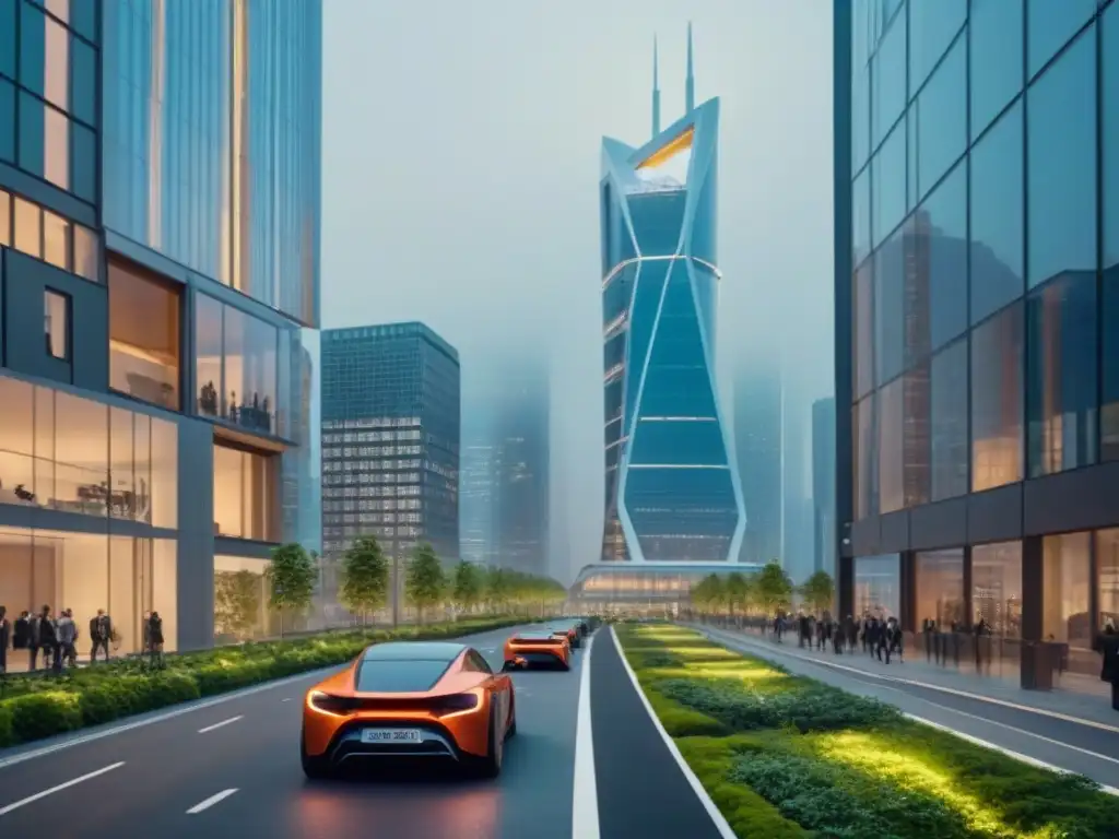 Edificio sostenible del futuro en ciudad internacional Un rascacielos futurista sostenible en una ciudad internacional vibrante, destacando la eficiencia energética en edificios internacionales