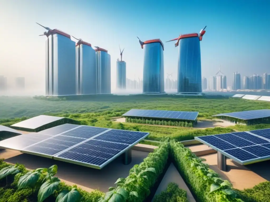 Edificio futurista sostenible con jardines verticales y energía renovable Un rascacielos futurista sostenible, cubierto de vegetación, paneles solares y turbinas eólicas, en armonía con la ciudad