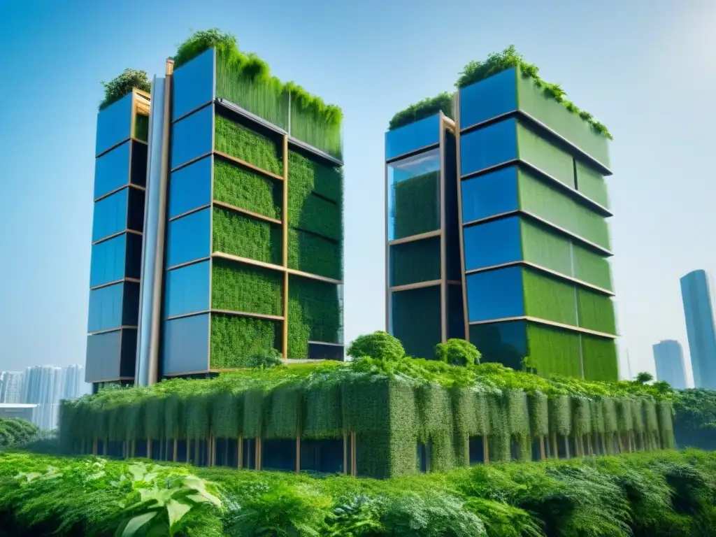 Rascacielos ecofriendly: fusión de naturaleza y modernidad Un rascacielos futurista y sostenible de materiales ecológicos, con jardines verticales y energía renovable