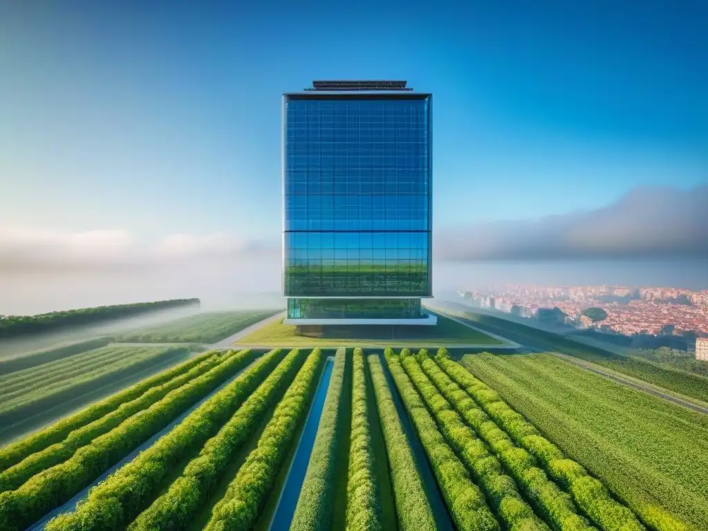 Rascacielos sostenible: fusión futurista con la naturaleza Un rascacielos futurista sostenible destaca entre un paisaje verde, con paneles solares y jardines verticales