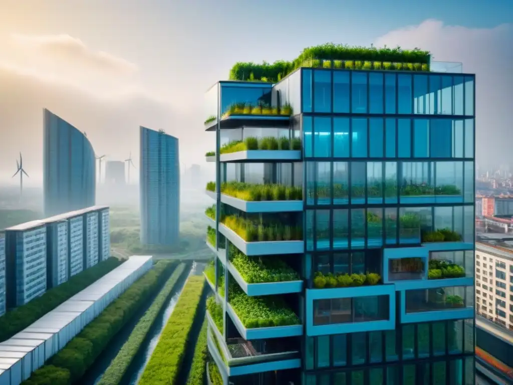 Rascacielos sostenible: innovación eco en la ciudad Un rascacielos futurista sostenible rodeado de vegetación y energías renovables, destaca por diseño innovador