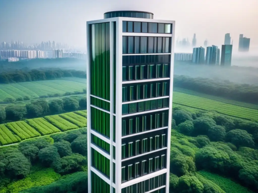 Rascacielos sostenible: inversión verde en el mercado inmobiliario Rascacielos futurista sostenible rodeado de vegetación y paneles solares, integrando inversiones verdes mercado inmobiliario internacional
