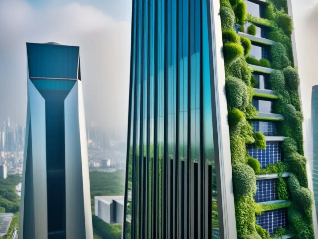 Eco-rascacielos futurista: símbolo de innovación sostenible Un rascacielos futurista sostenible con tecnología avanzada y vegetación integrada, en una ciudad moderna